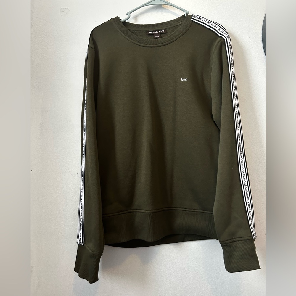 Michael Kors Long Sleeve Army Green Logo Sleeve Sweater Size Large Womens
